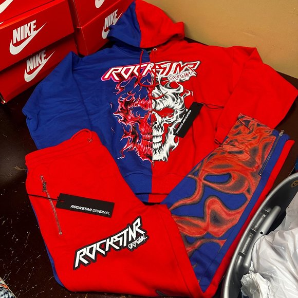 Rockstar Original Mens Blue Red Long Sleeve Hoodie And Pant Tracksuit Set Sz XL